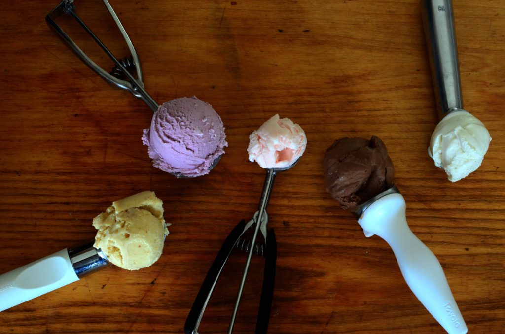 & (from L to R) Bananas Foster, Berry Basil, Peppermint, Chocolate, Vanilla Bean
