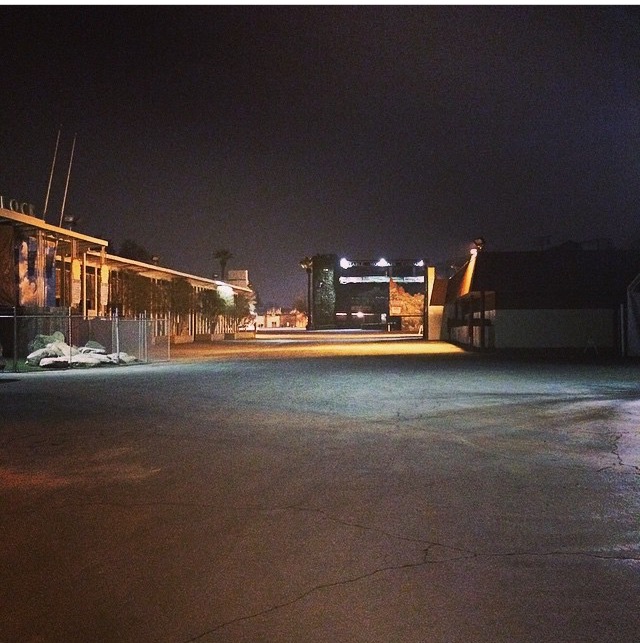 Fresno Fairgrounds, at night, with no people.