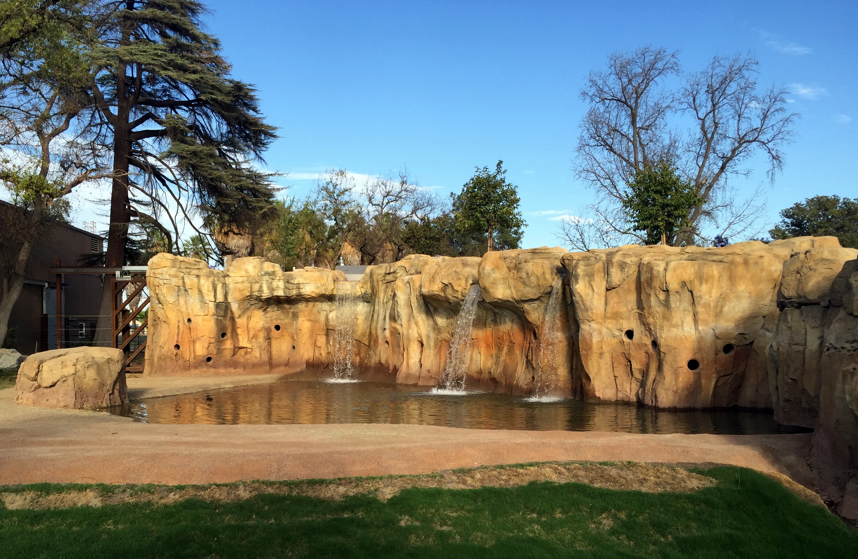 The elephant's fountain, with holes where keepers can put treats as an enrichment activity for the elephants