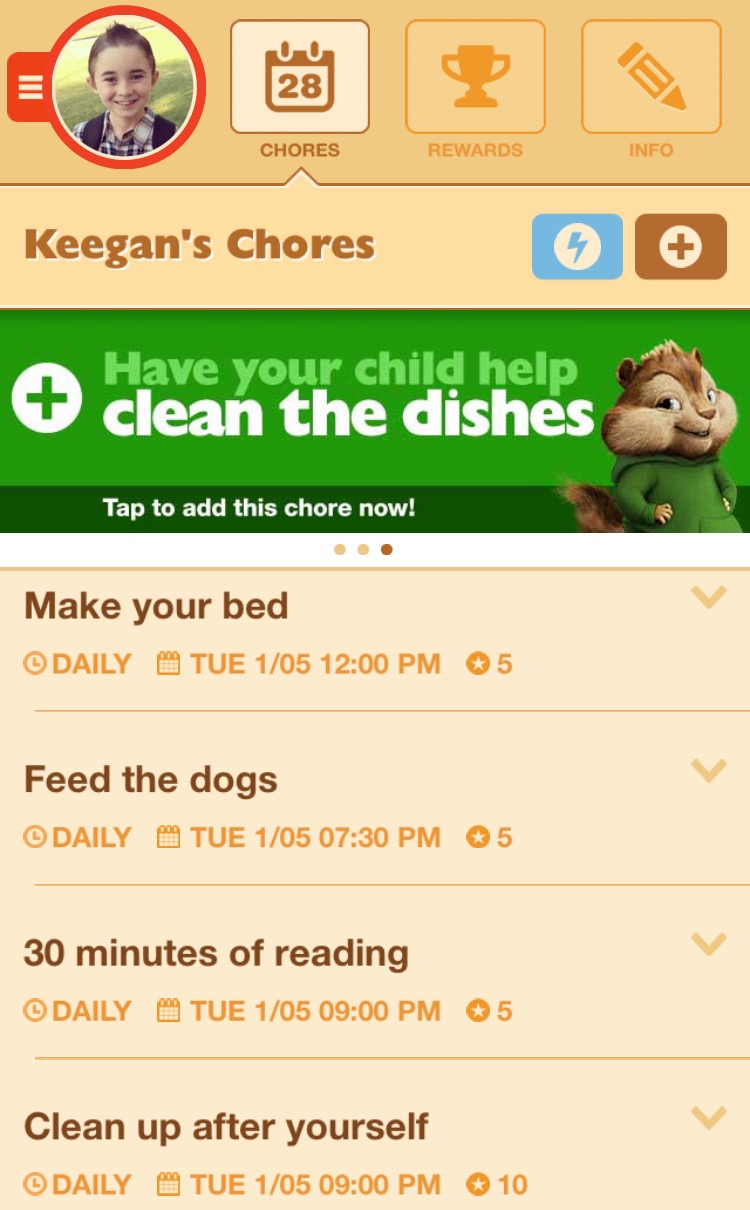 My son's view of his chores in the app