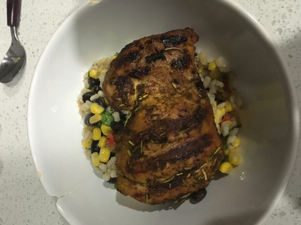 Grilled chicken with barley and veggies