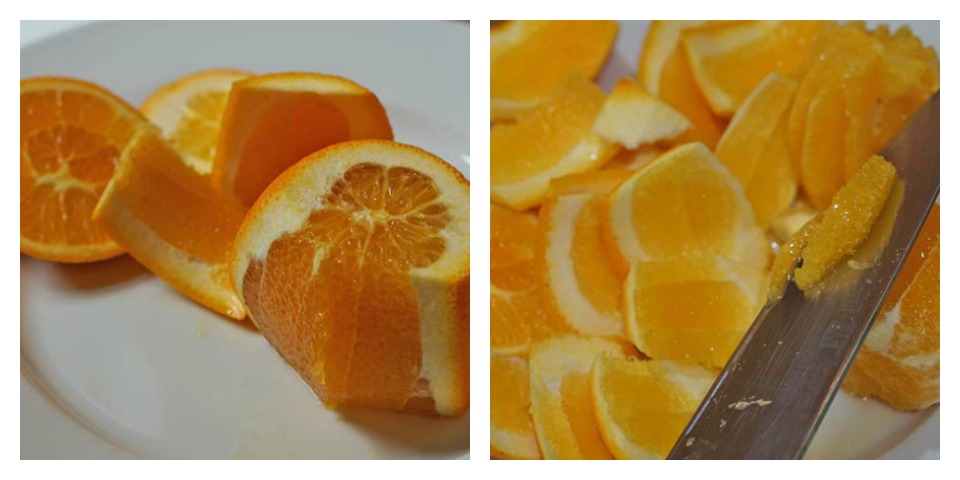 Peeling the oranges & cutting out the segments.