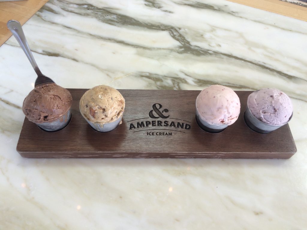 For $8, you can sample a Flight of Four flavors. From left, Dark Chocolate, Central Perk, Strawberry Balsamic and Berry Basil.