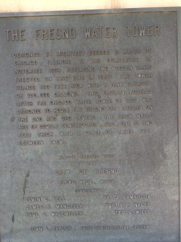 Plaque at Fresno Water tower