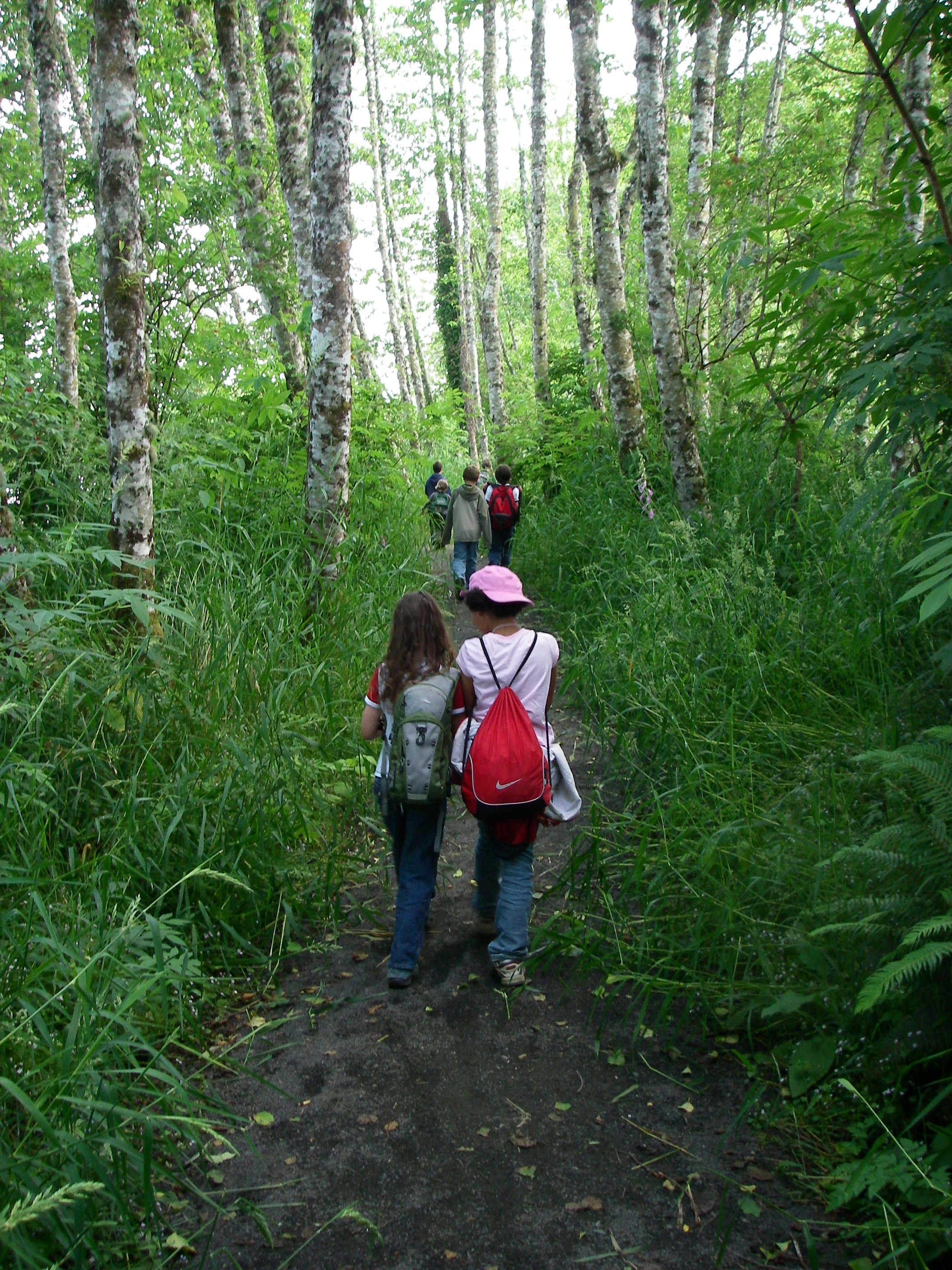 Children hike on a forested trail in Lewis and Clark National Historical Park