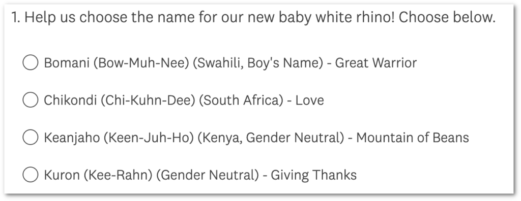 Name choices for the baby rhino at the Fresno Chaffee Zoo