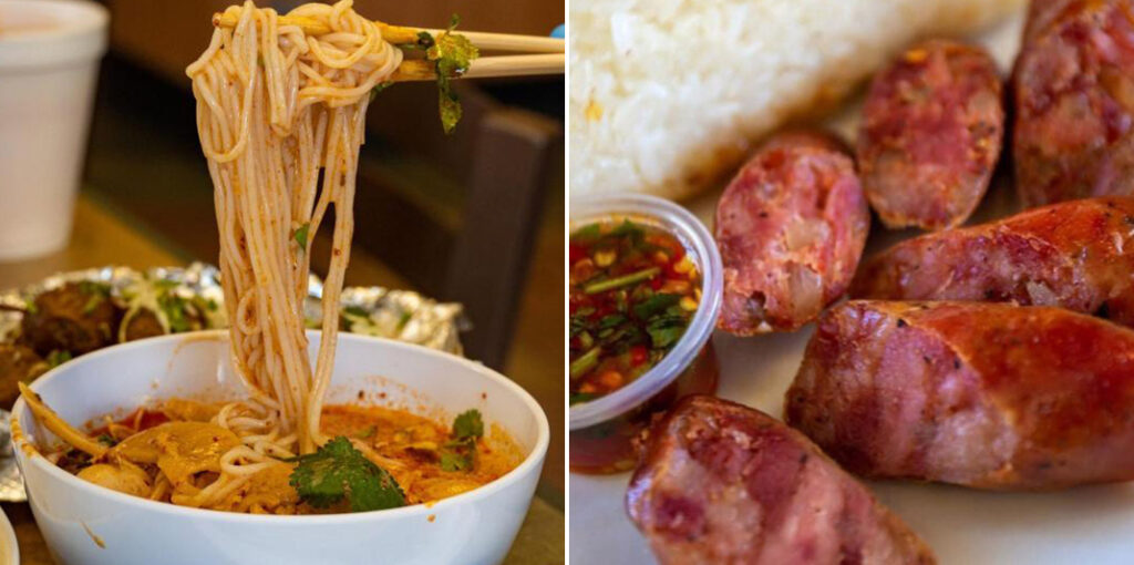 Some of the great Hmong Inspired dishes from Malee's Kitchen in Fresno - Khao Poon Curry and Hmong Sausage