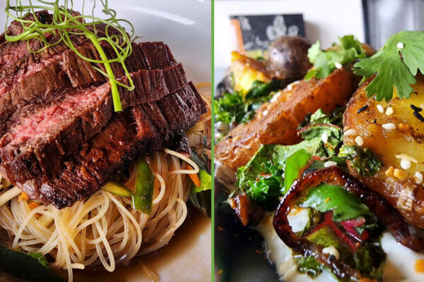 Skirt Steak with a cool noodle herb salad (L), Curried Potato Salad (R) at Libelula in Downtown Fresno