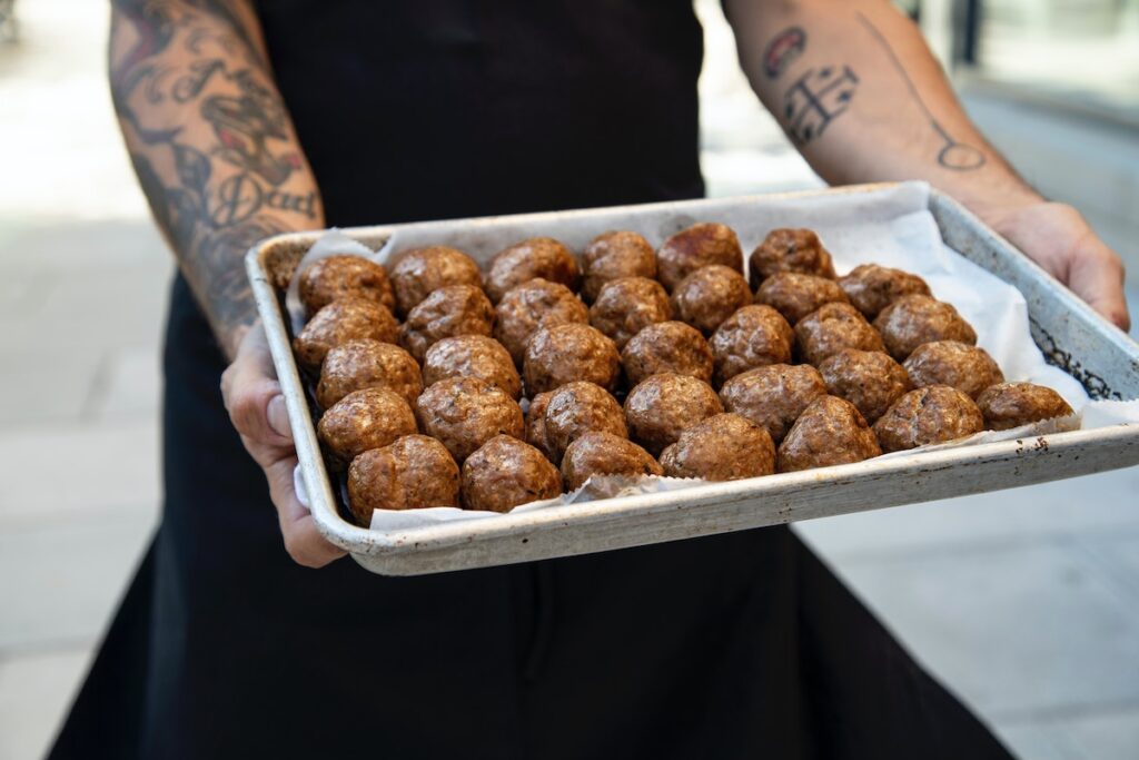 a tray of delicious Swedish Meatballs, ready to meet up with Potatoes and Lingonberry